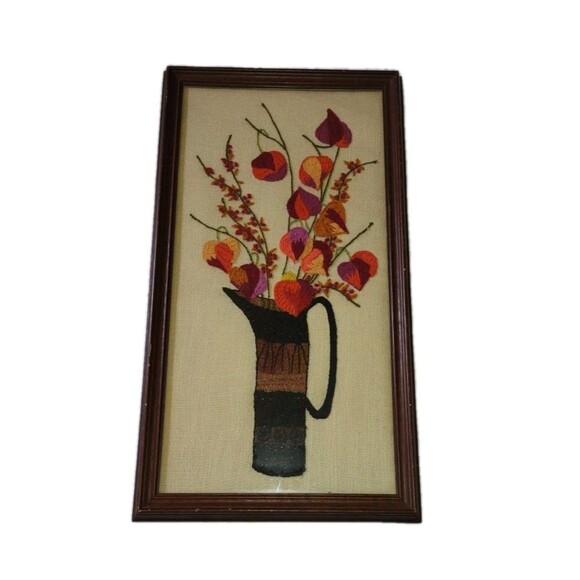 Wood Frame 25"X14" Vintage Paragon Needlecraft 0935 Bittersweet Crewel Flowers - Picture 1 of 11